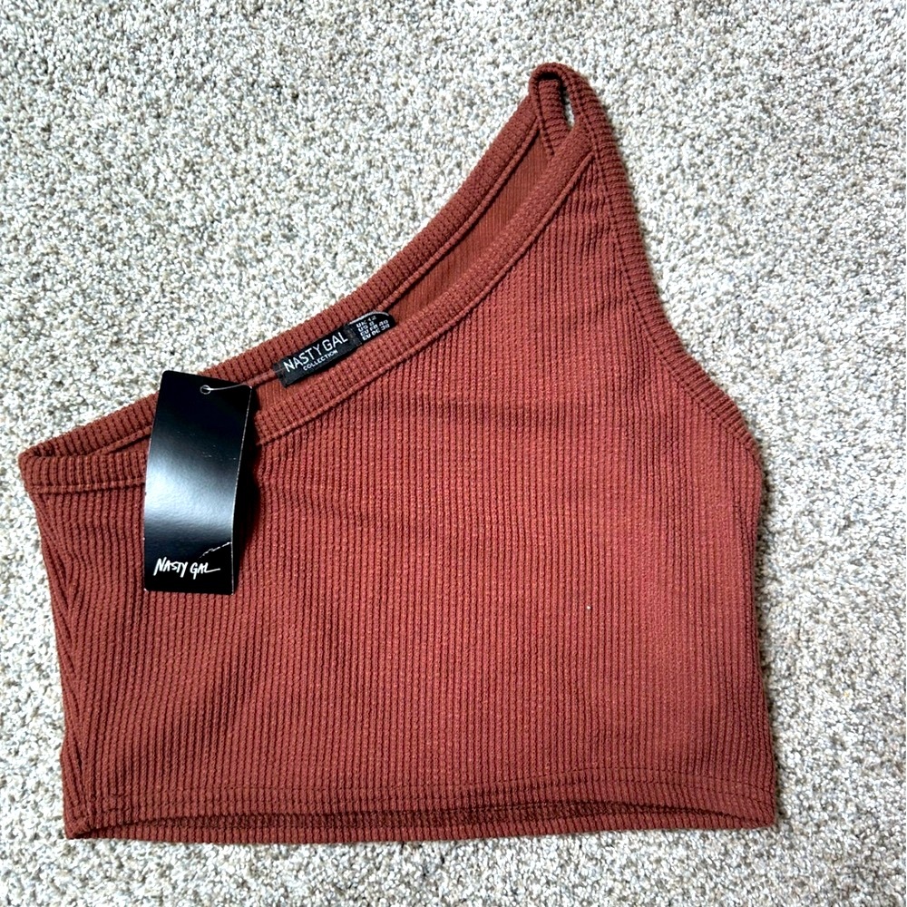 Nasty Gal Chocolate Asymmetrical one shoulder Crop Tank Top- size 12 - Picture 6 of 7